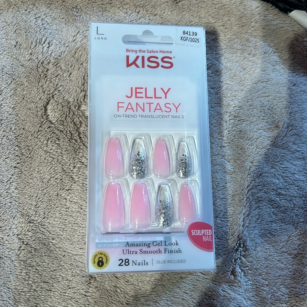 KISS Jelly Fantasy Pink Glitter Press-On Nails Long 28 Nails